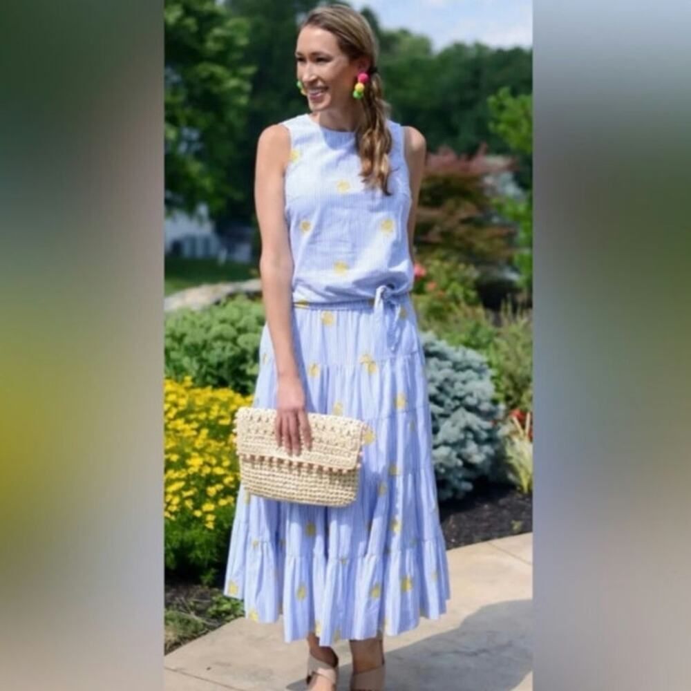 J. CREW Pinapple Embroidered Tiered Seersucker Pinstripe Lagenlook Midi Skirt - Picture 6 of 15